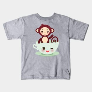 Cute Kawaii cup with brown monkey Kids T-Shirt